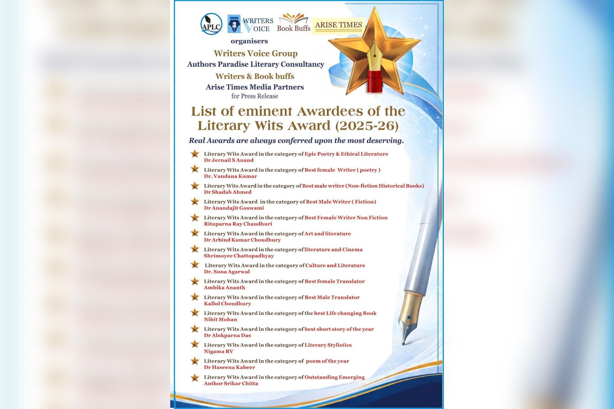 Literary Wits Awards 2025–26 Announced: Full List of Awardees Across Poetry, Fiction, and Translation