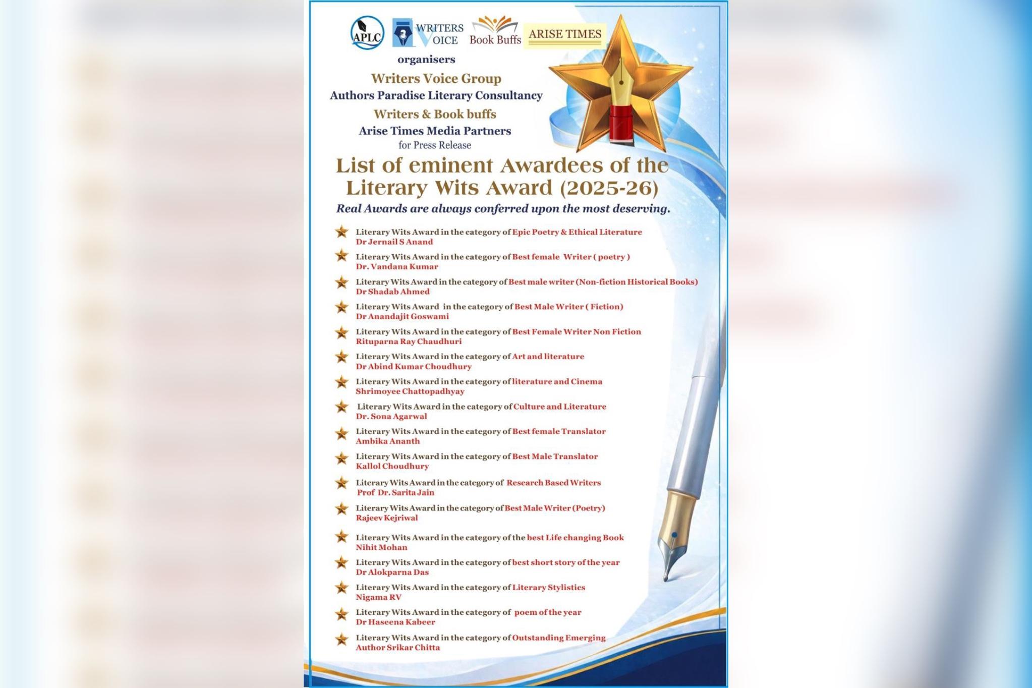 Literary Wits Awards 2025–26 Announced: Full List of Awardees Across Poetry, Fiction, and Translation